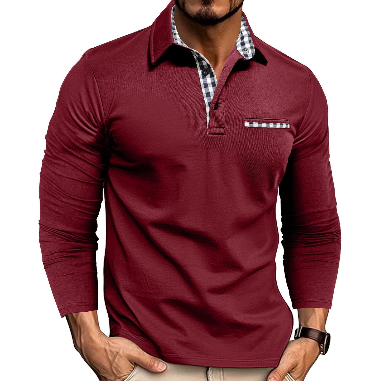 Men’s Casual Plaid Polo Shirt | Long Sleeve Lapel Top