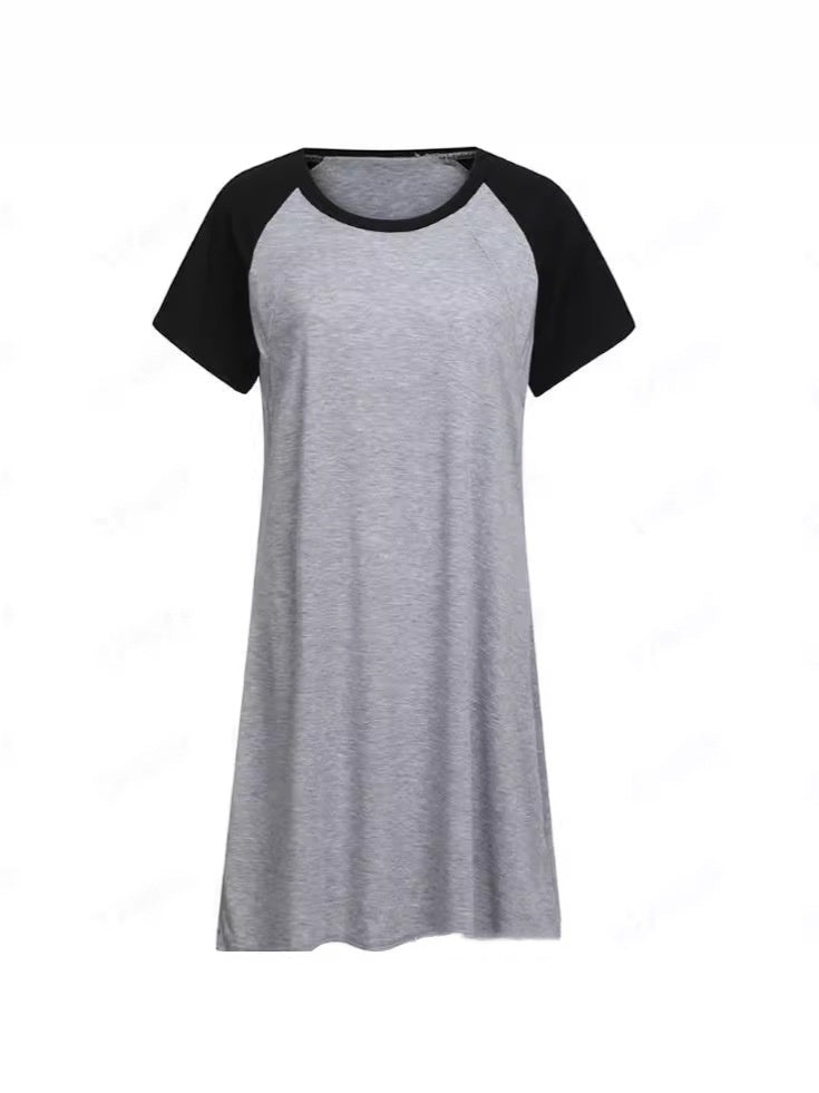 Maternity Nursing Dress – Round Neck Short Sleeve Pajamas with Feeding Opening
