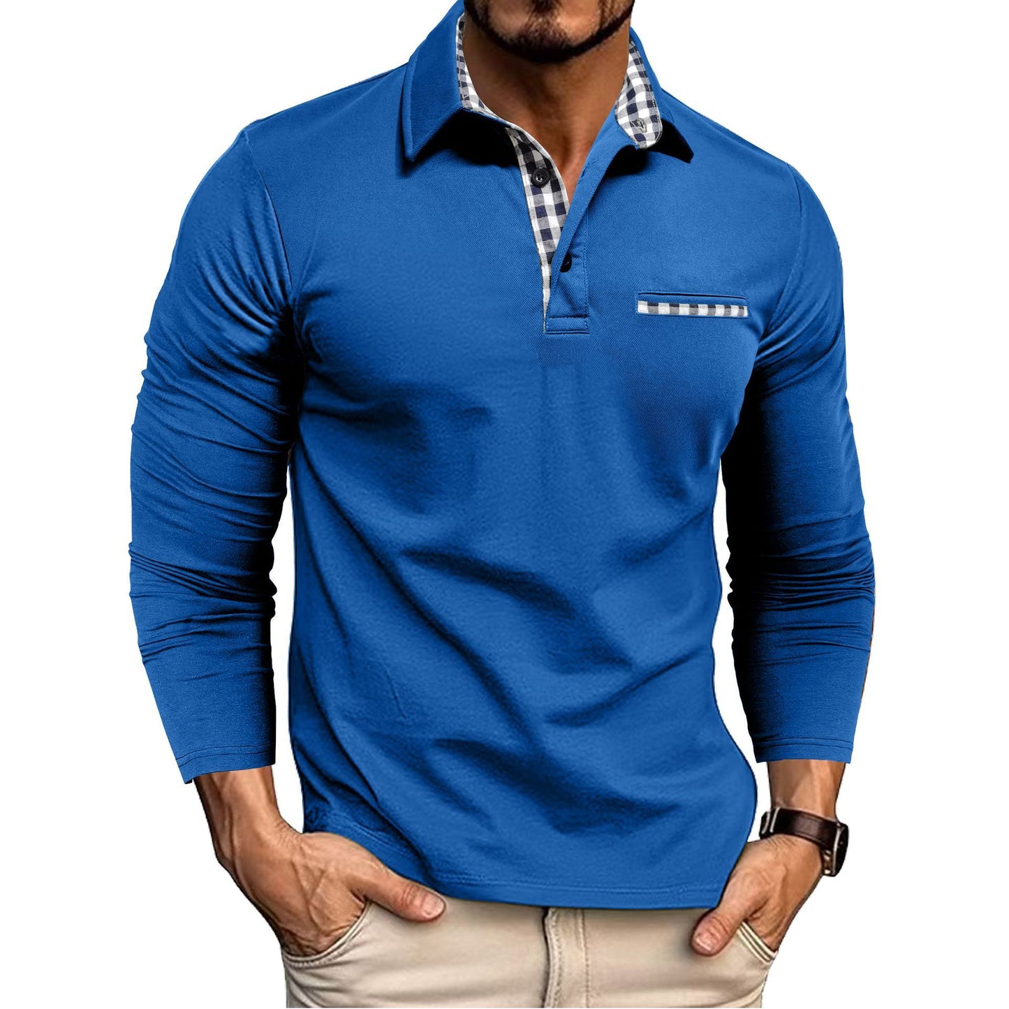 Men’s Casual Plaid Polo Shirt | Long Sleeve Lapel Top