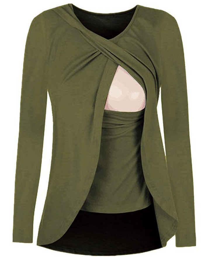 Maternity Cotton Nursing Blouse – Round Neck Solid Color Shirt for Pregnant & Breastfeeding Women