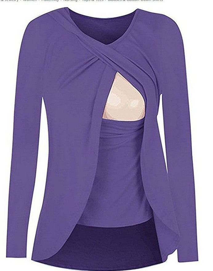 Maternity Cotton Nursing Blouse – Round Neck Solid Color Shirt for Pregnant & Breastfeeding Women