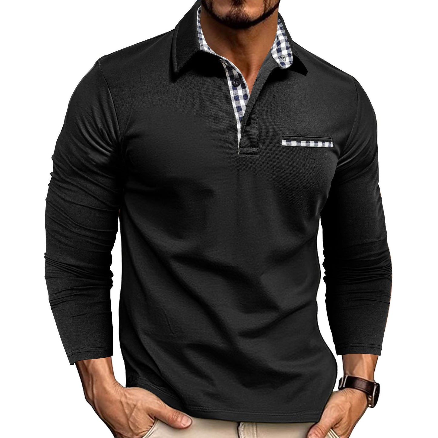 Men’s Casual Plaid Polo Shirt | Long Sleeve Lapel Top