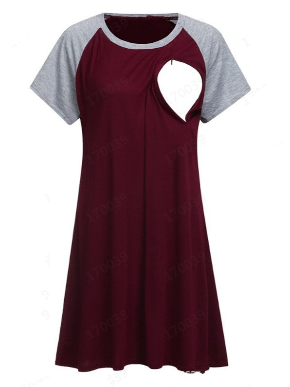 Maternity Nursing Dress – Round Neck Short Sleeve Pajamas with Feeding Opening