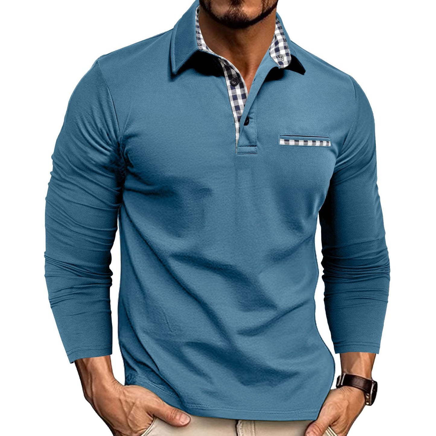 Men’s Casual Plaid Polo Shirt | Long Sleeve Lapel Top
