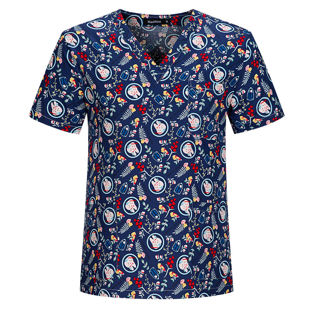 Cartoon Print Nurse Scrubs – Short Sleeve Medical Uniform Top