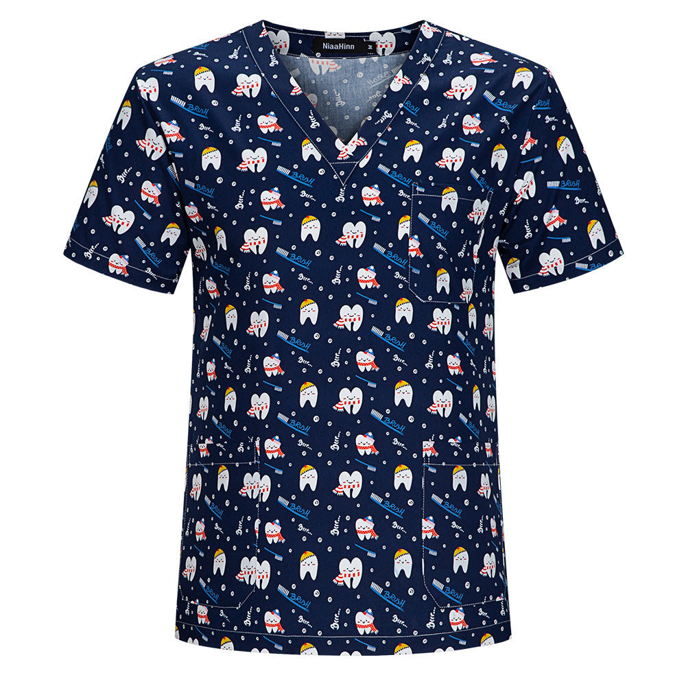 Cartoon Print Nurse Scrubs – Short Sleeve Medical Uniform Top