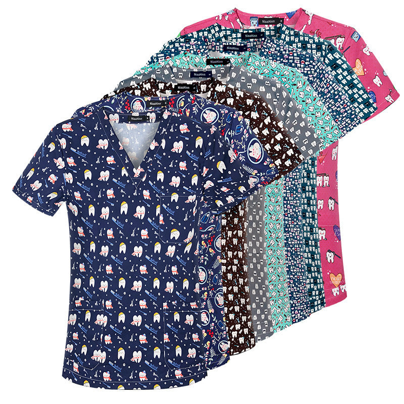 Cartoon Print Nurse Scrubs – Short Sleeve Medical Uniform Top
