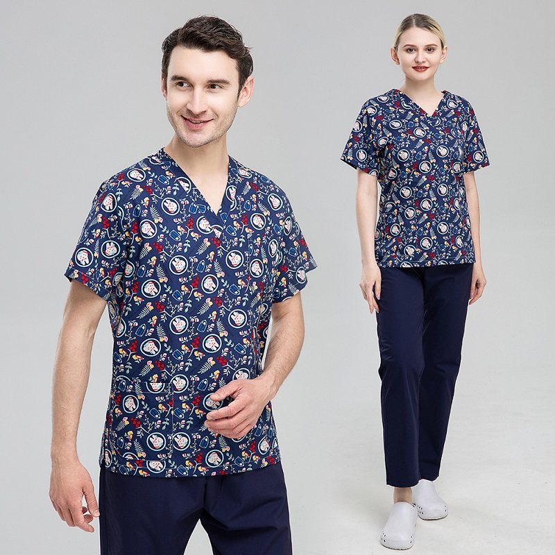 Cartoon Print Nurse Scrubs – Short Sleeve Medical Uniform Top