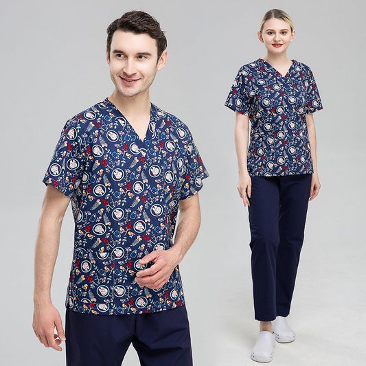 Cartoon Print Nurse Scrubs – Short Sleeve Medical Uniform Top
