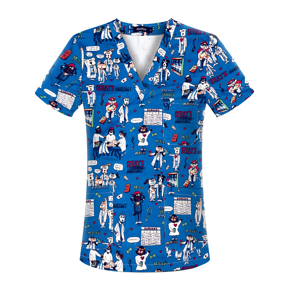 Cartoon Print Nurse Scrubs – Short Sleeve Medical Uniform Top