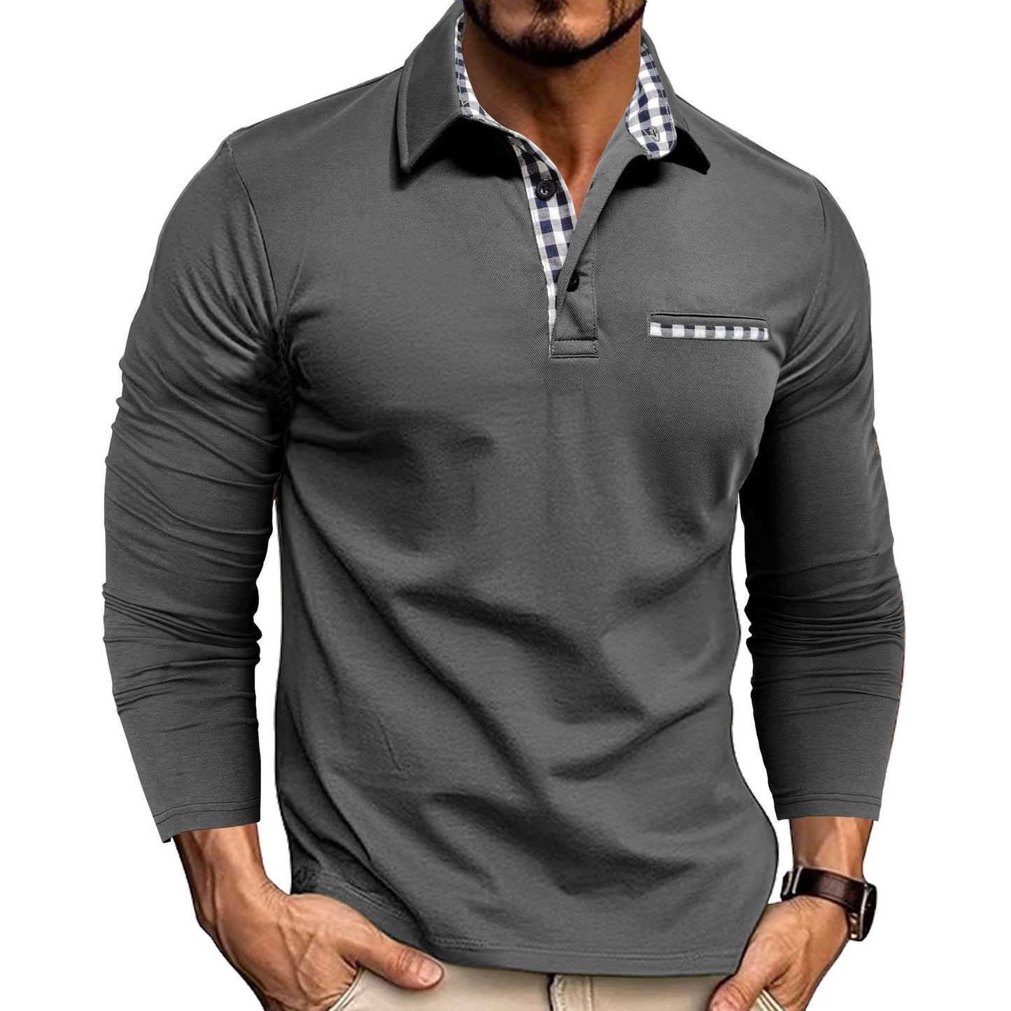 Men’s Casual Plaid Polo Shirt | Long Sleeve Lapel Top