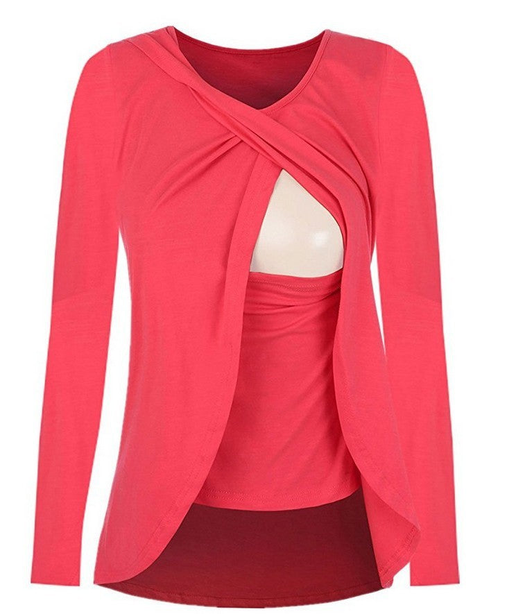 Maternity Cotton Nursing Blouse – Round Neck Solid Color Shirt for Pregnant & Breastfeeding Women