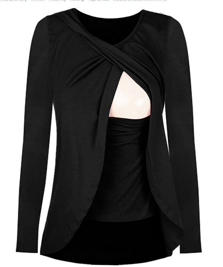 Maternity Cotton Nursing Blouse – Round Neck Solid Color Shirt for Pregnant & Breastfeeding Women