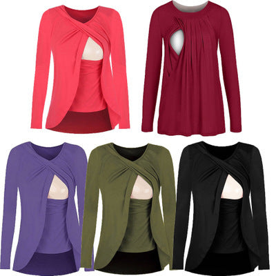 Maternity Cotton Nursing Blouse – Round Neck Solid Color Shirt for Pregnant & Breastfeeding Women