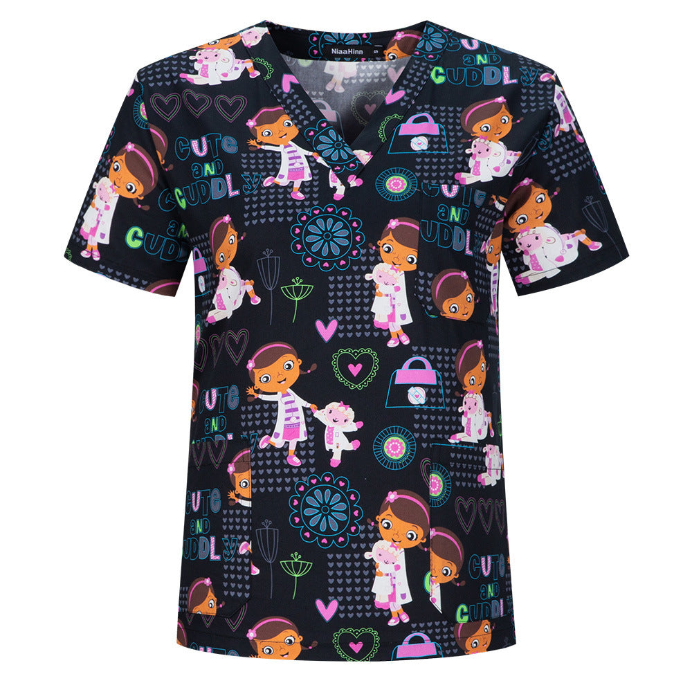 Cartoon Print Nurse Scrubs – Short Sleeve Medical Uniform Top