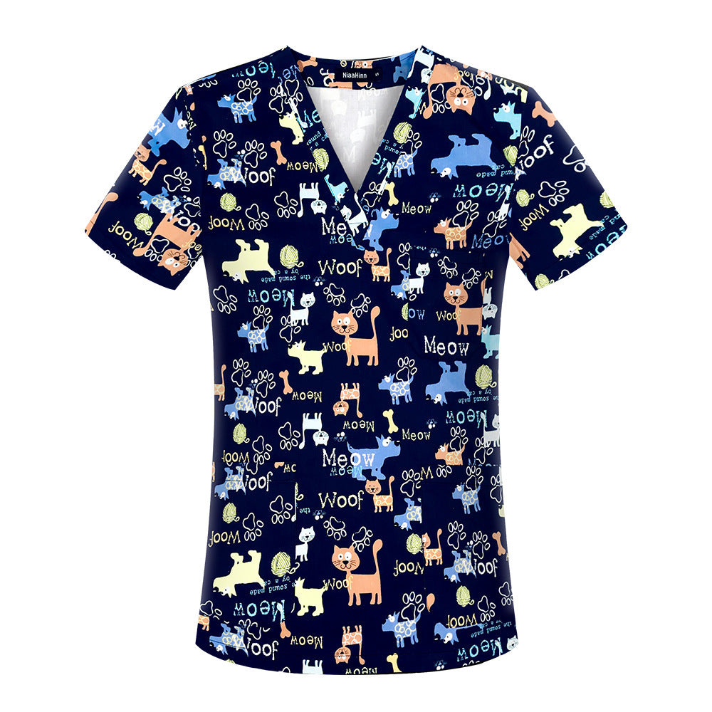 Cartoon Print Nurse Scrubs – Short Sleeve Medical Uniform Top