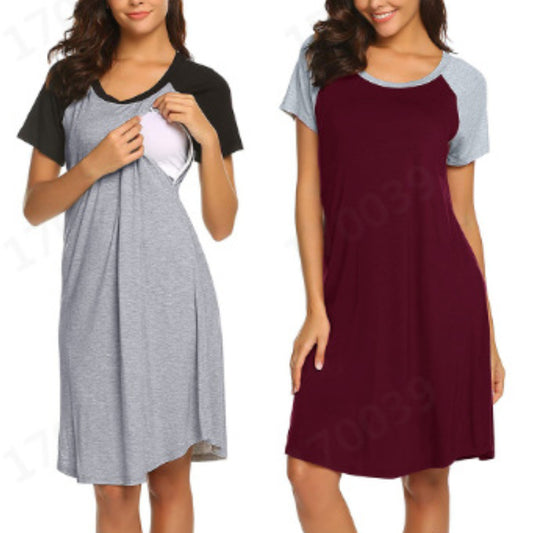 Maternity Nursing Dress – Round Neck Short Sleeve Pajamas with Feeding Opening