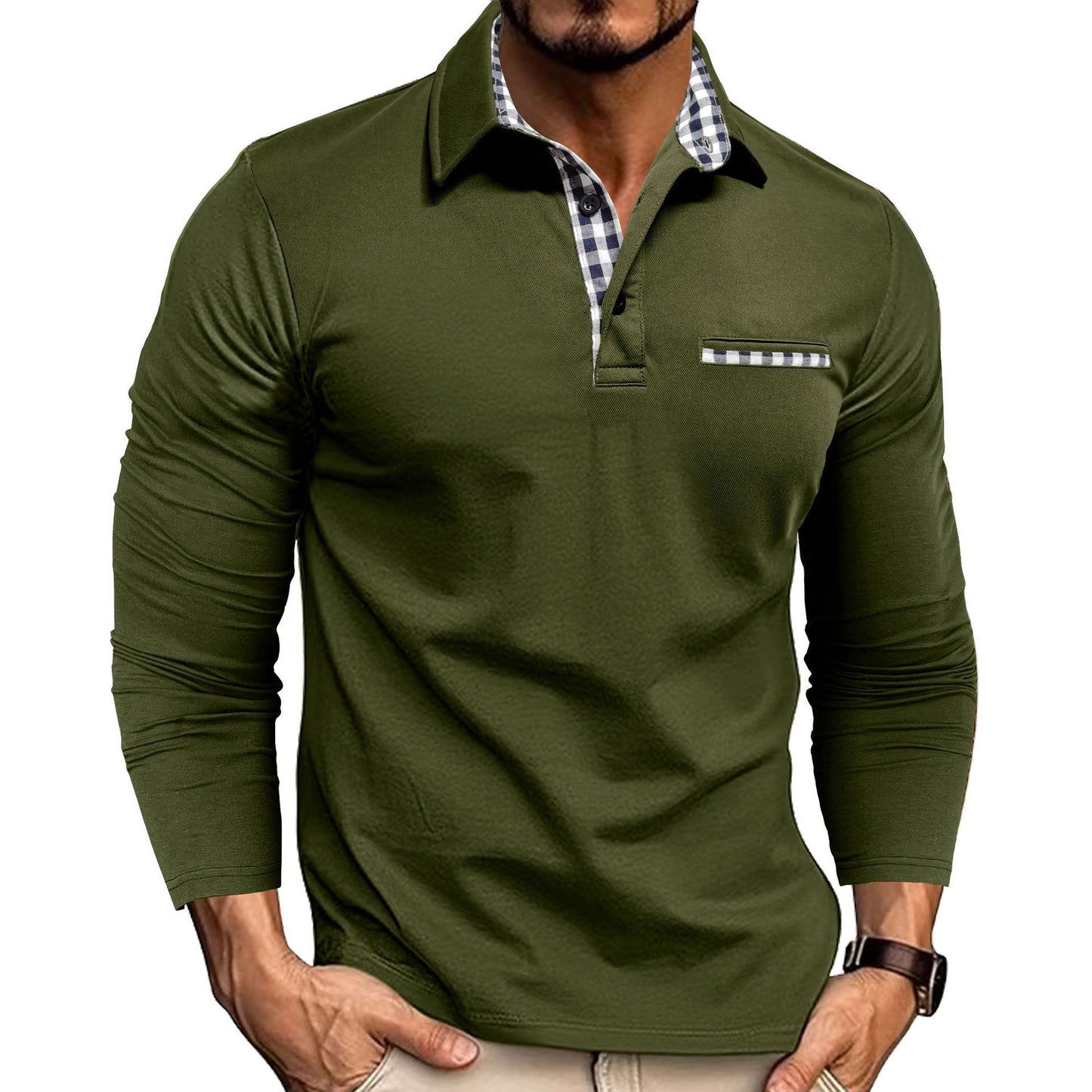 Men’s Casual Plaid Polo Shirt | Long Sleeve Lapel Top